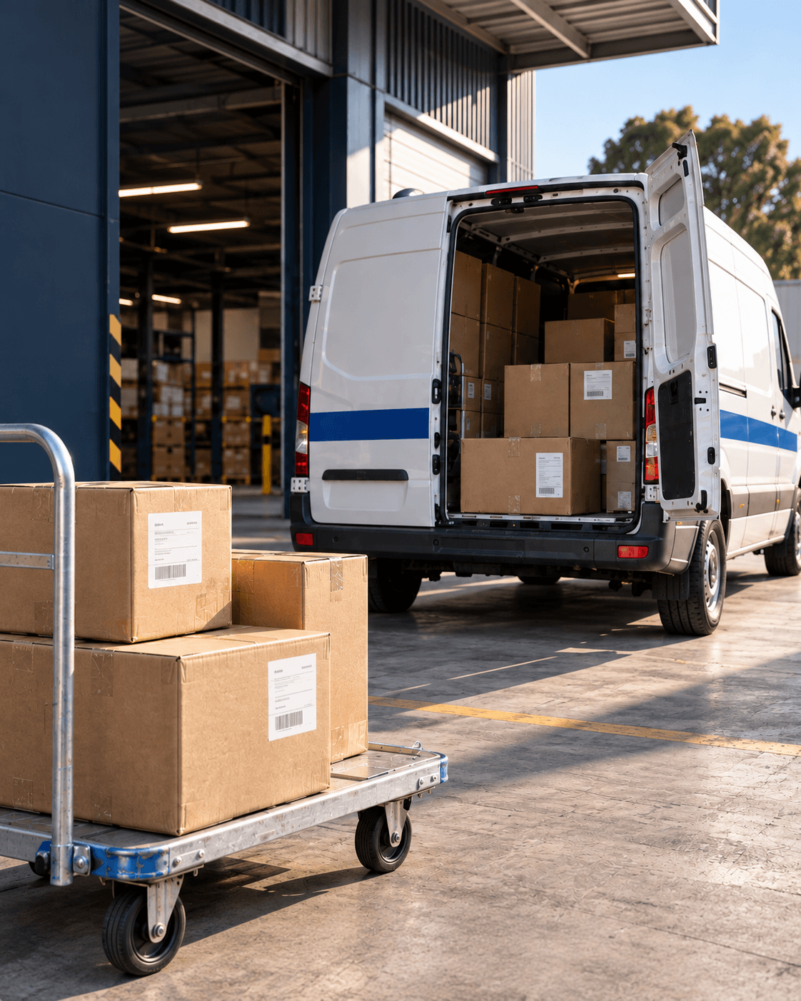 Camioneta y encomiendas preparadas para su distribución